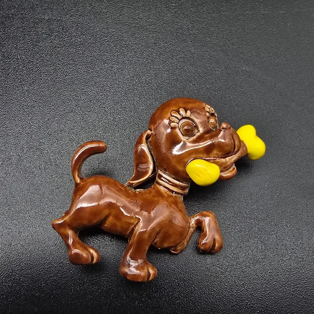 Brown Enamel Dog Brooch with Yellow Bone Vintage Costume Jewelry